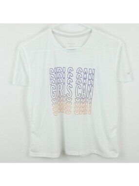 Brooks Running Girls Large White Purple Crewneck Graphic Short Sleeve Tee